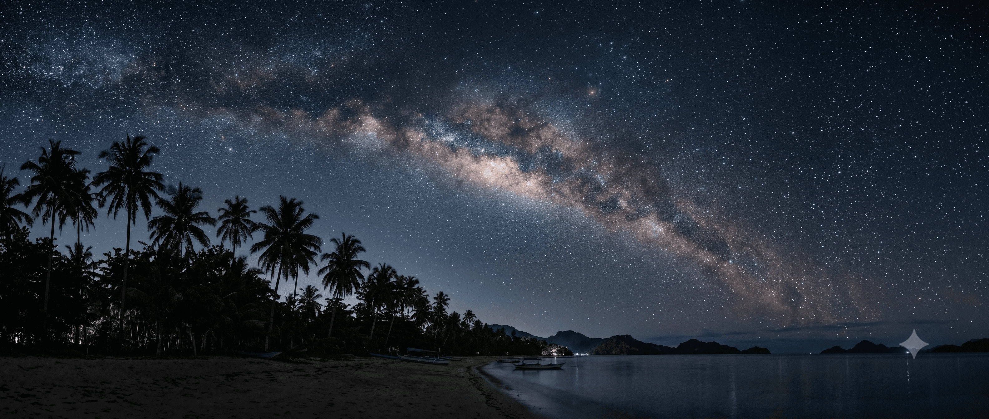 Langit malam Kepulauan Kei yang berbintang dengan siluet pohon dan perahu di kejauhan