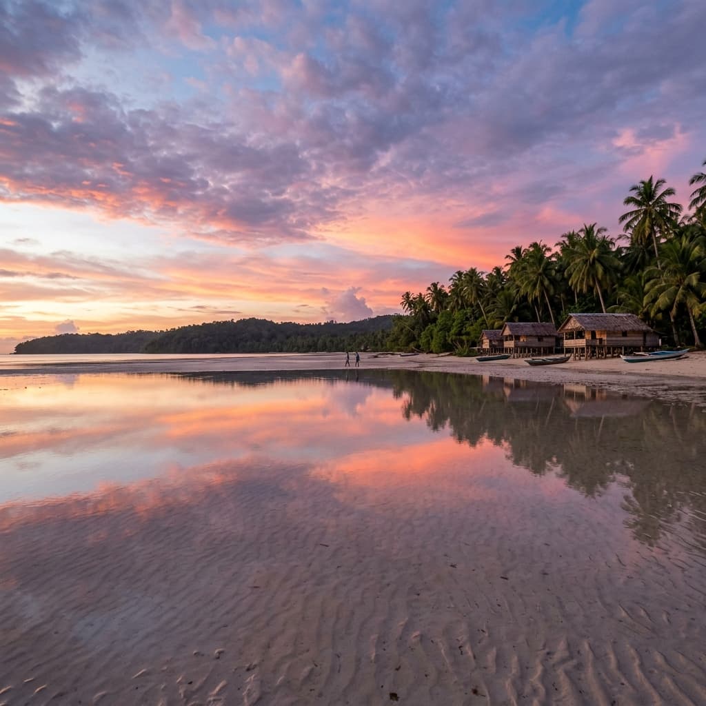 Pantai Ngiarvarat Ohoidertawun saat surut ekstrem (meti) dengan refleksi langit senja