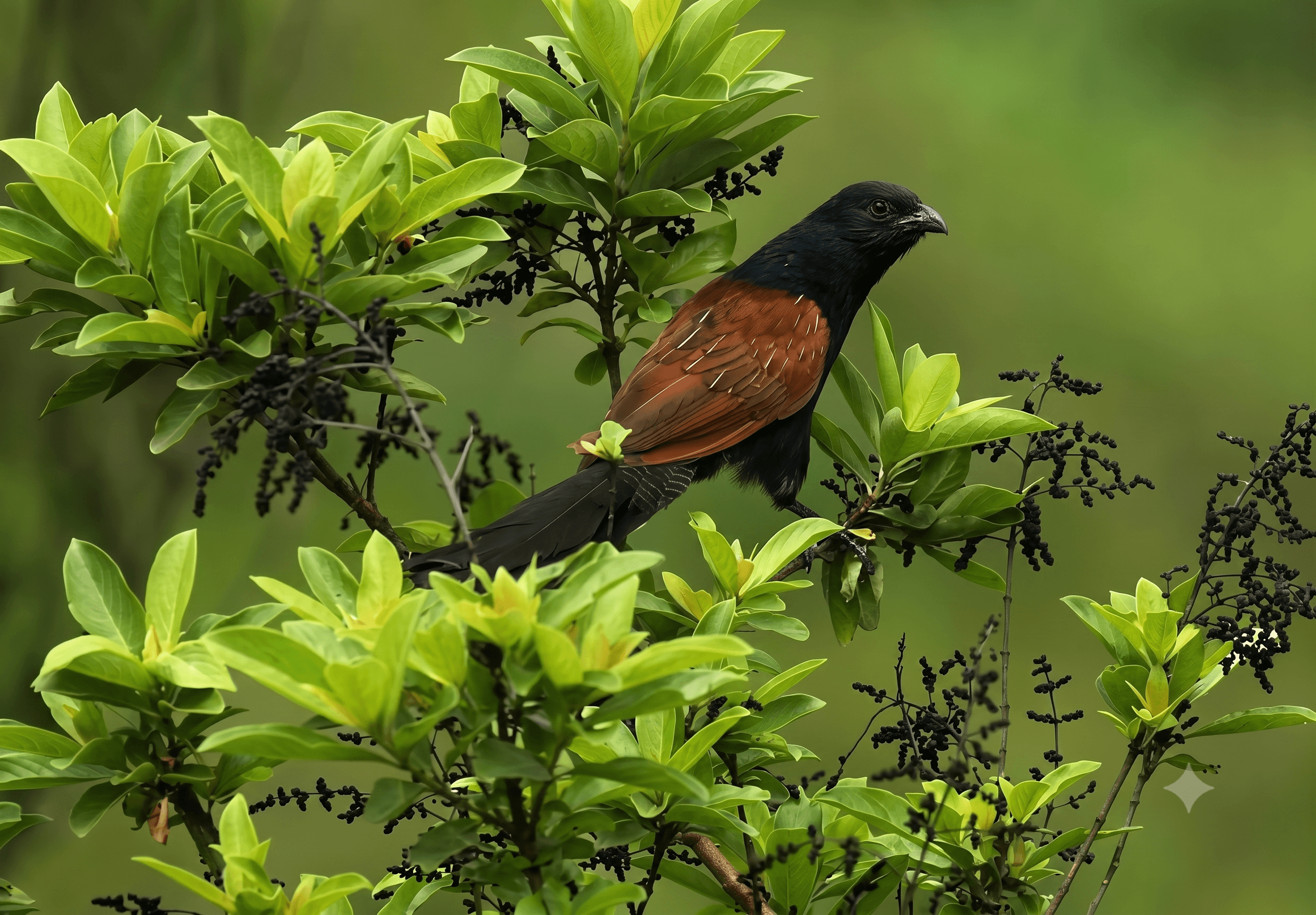 Burung endemik Bubut Kai (Centropus spilopterus) bertengger di ranting pohon hutan Evav