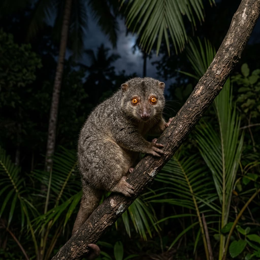 Kuskus (phalanger) memanjat dahan pohon kelapa di malam hari, Kepulauan Kei