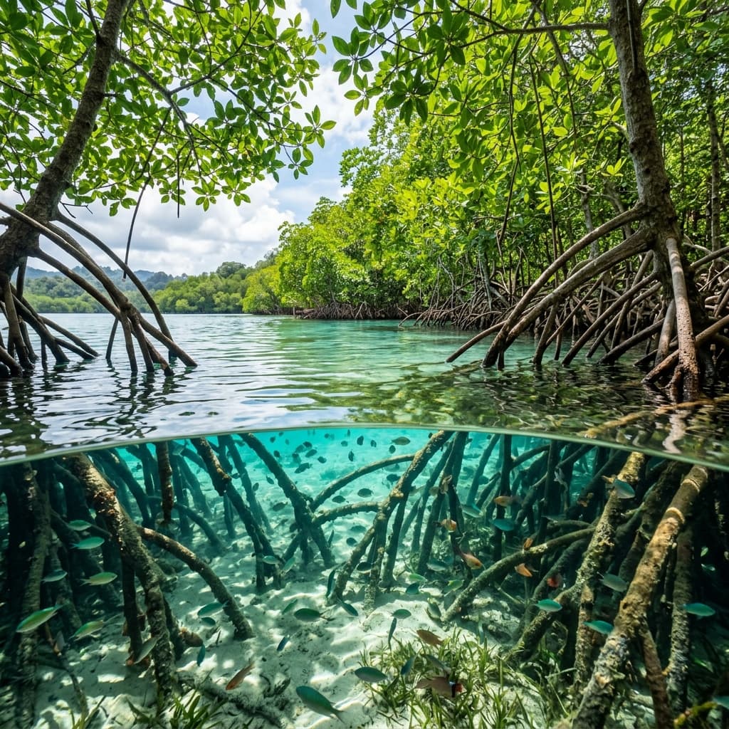 Ekosistem hutan mangrove hijau subur di pesisir pasang surut Kei